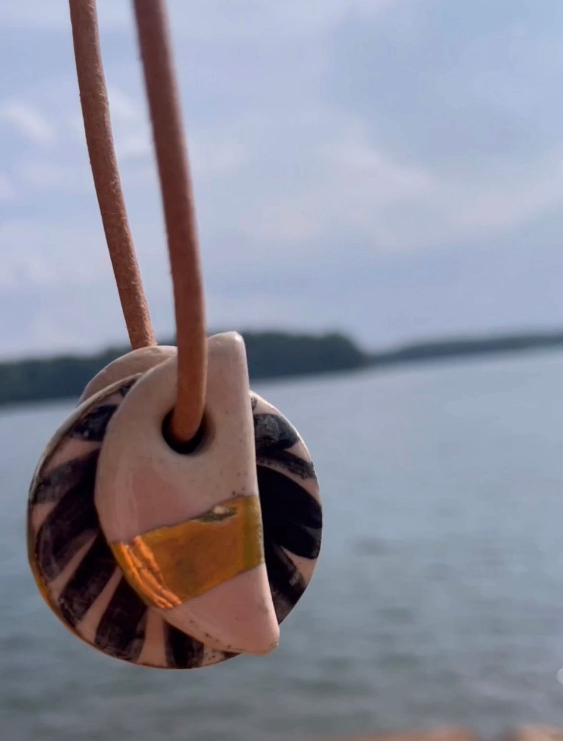 Half Moon and Round Striped Ceramic Necklace