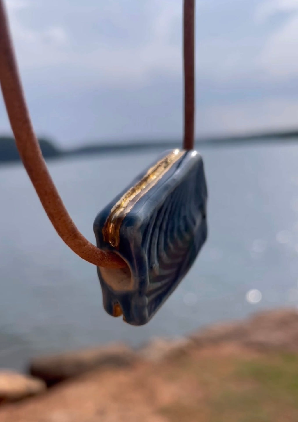 Blue and Gold Rectangle Ceramic Necklace